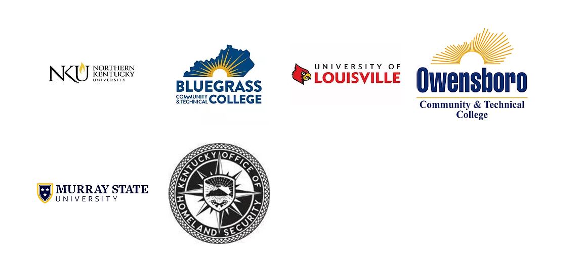 Logos of institutions that organize KCFC. These institutions are: Northern Kentucky University, Bluegrass Community & Technical College, University of Louisville, Owensboro Community & Technical College, Murray State University, and the Kentucky Office of Homeland Security